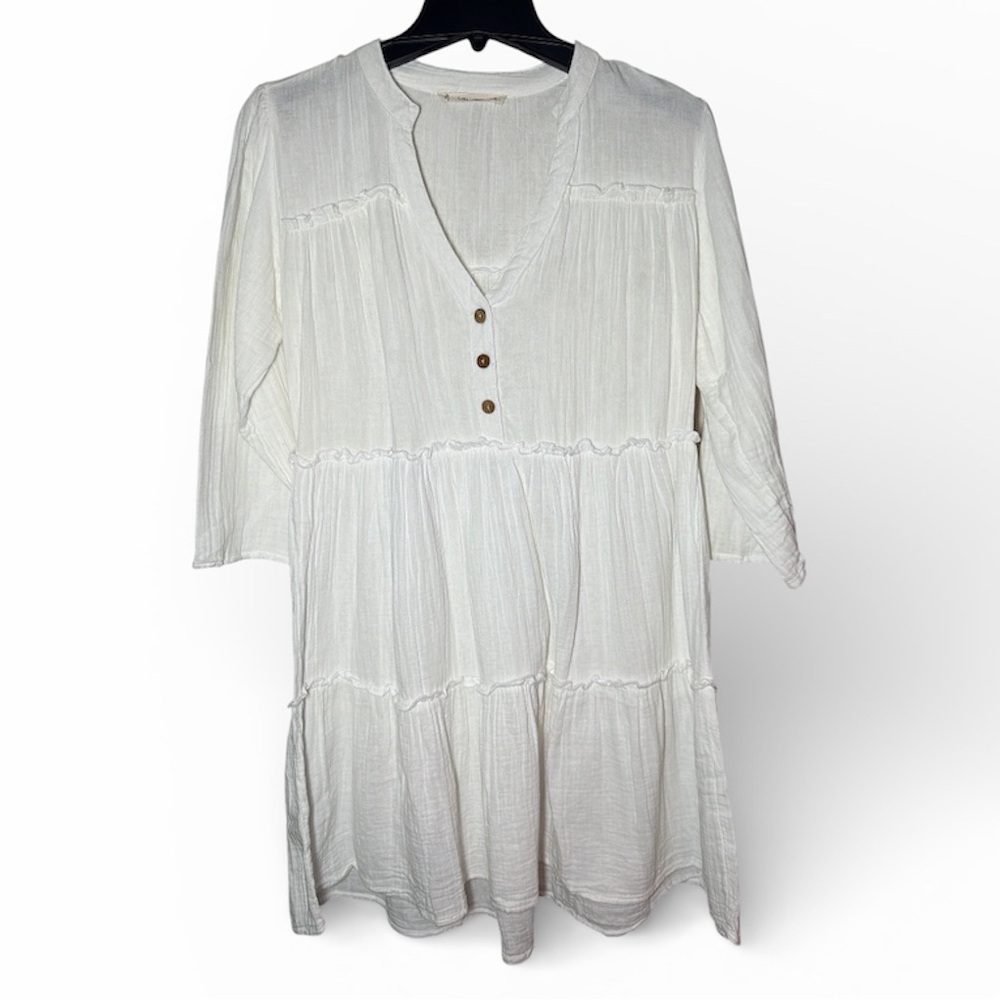 Salty Lemon White Cotton Button 3/4 Length Sleeve Gauze Crinkle Dress Size Large